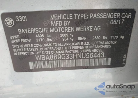 2017 BMW 330I from USA, damaged, VIN WBA8B9G33HNU56443